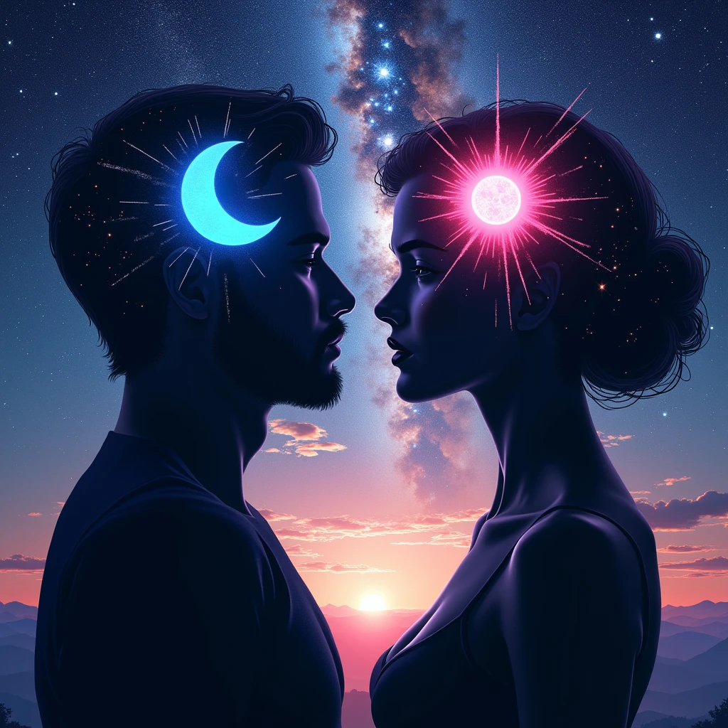 Space stars background、男性と女性の横顔のsilhouette、through、Moon and Sun、Beautiful Galaxy、High resolution, masterpiece, Highest quality, detail, 高いdetail, The sun for women、The moon for men、Shadow、silhouette, Illustration, Baroque, 男性のsilhouetteの中には青い月があります、Japanese women and Korean men、女性のsilhouetteの中にはピンクの太陽