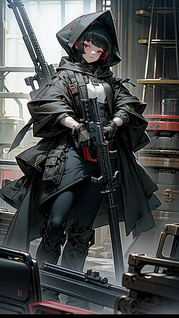 Highest quality、Every detail、Structurally correct、Anti-material riflesを両手で持つ、Girl in a hood、Bob cut with black hair、Red eyes、Anti-material rifles、Huge rifle、Heavy equipment、Black clothes、iron、Metallic、