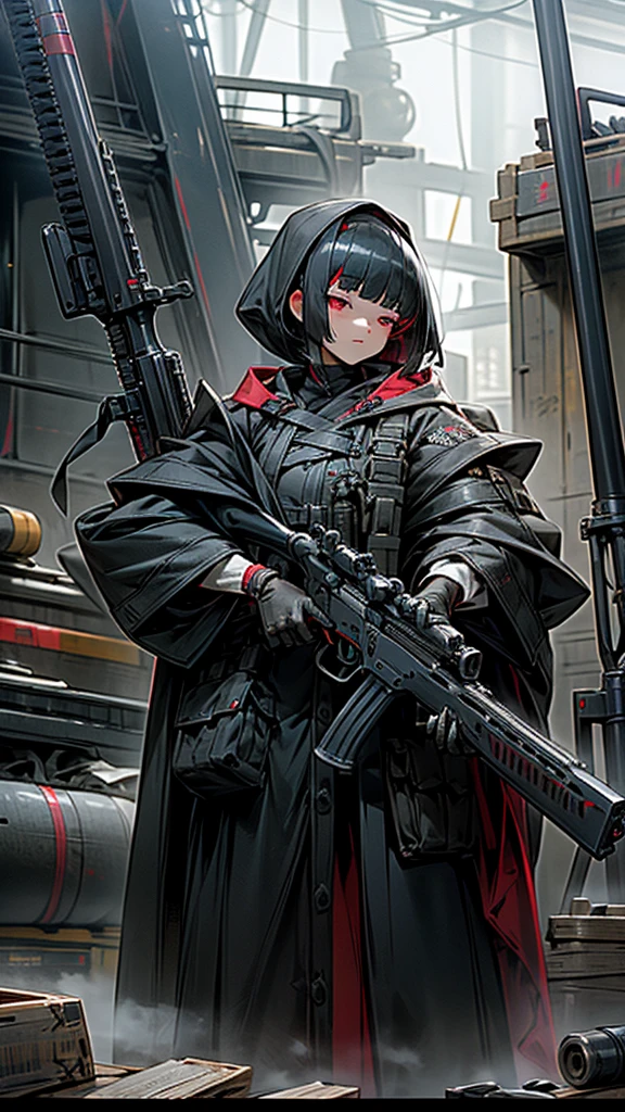 Highest quality、Every detail、Structurally correct、Anti-material riflesを両手で持つ、Girl in a hood、Bob cut with black hair、Red eyes、Anti-material rifles、Huge rifle、Heavy equipment、Black clothes、iron、Metallic、