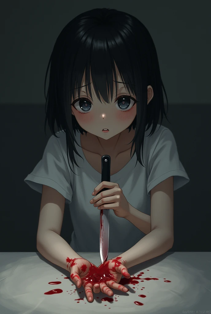 anime girl cutting her wrists with a knife, blood coming out