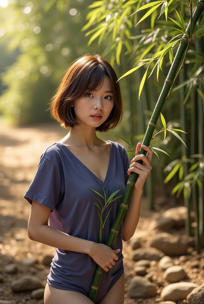 a beautiful girl standing among bamboos in a bamboo forest, He detailed her face, portraite, 1 girl, ((shorth hair, shorth hair e castanho)),(purples eyes),((Unclothed, totalmente new, new, bamboo entering the vagina)), photorealisitic, (best qualityer,4K,8k,high resolution,work of art:1.2),ultra detali,(realisitic,photorealisitic,photo-realisitic:1.37),HDR,ultra HD,studio lighting,extreme detailed description,proffesional,bright coloured,paisaje,Unripe,natural lighting