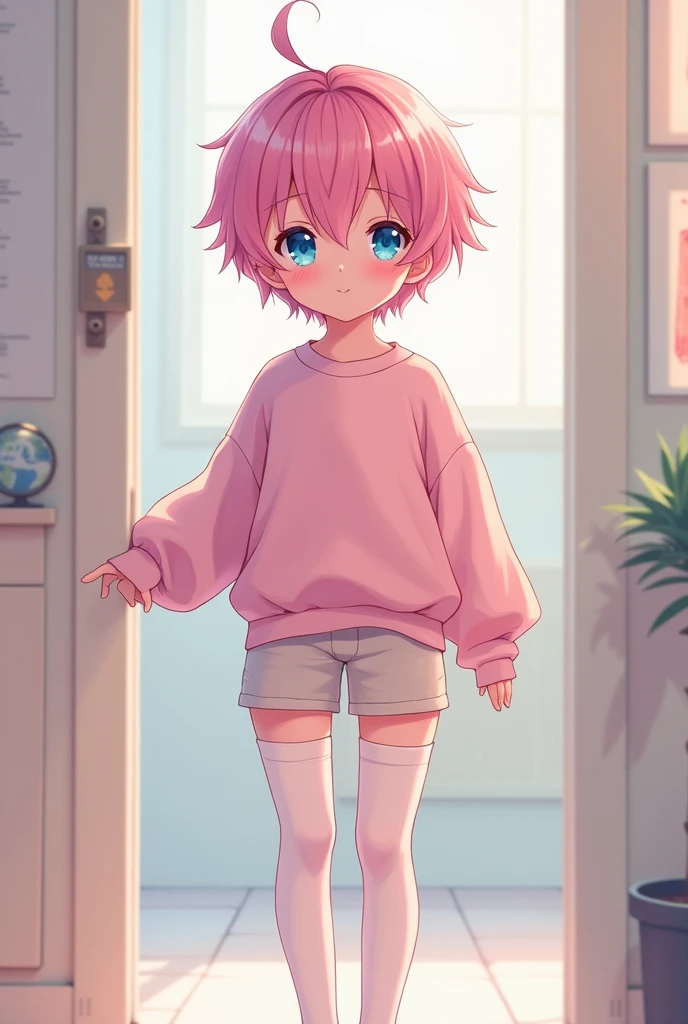 8k, detailed, ART digital , style anime, 1boy, adolescent, adult, wearing thigh high socks, wearing pink sweatshirt, cute expression, cute thighs, blue eyes, pink hair,short shorts, standing pose.