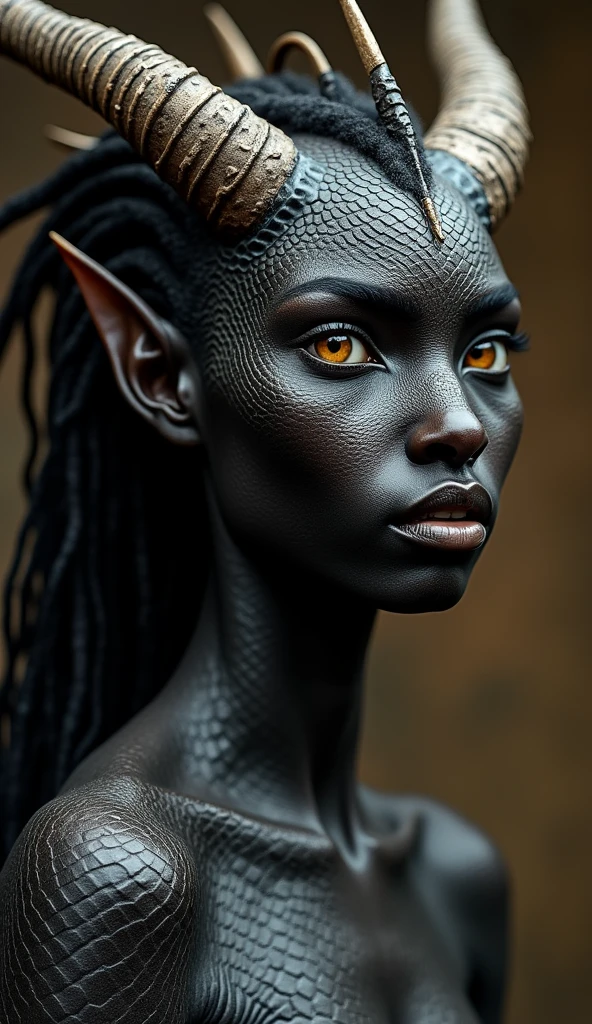 An Angolan woman with dragon-like features, her body covered in dark, shimmering scales that reflect the rich soil of Angola. Her eyes are large, almond-shaped, and glowing amber. Her facial structure is sharp yet graceful, with a prominent jawline and high cheekbones. Her hair is a flowing mane intertwined with small, horn-like structures, giving her a powerful and mystical appearance.