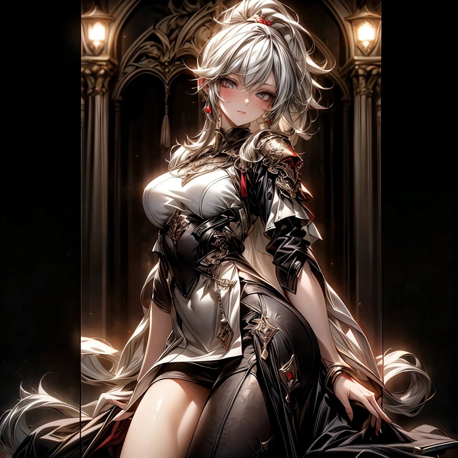 (best quality)), ((Masterpiece)), (details:1.4), 3d, HDR (high dynamic range), an image of a beautiful cyberpunk female, Cyberpunk, medieval, Black hair, High ponytail, Full body, Beautiful white eyes, จมูกโด่ง, ปากแดง, หน้าอกใหญ่, nvidia RTX, PBR surface, After processing, Anisotropic filtration,depth of field, Maximum clarity and clarity, multi-layered surface, Subsurface scattering, perfect proportions, 8K raw files, ultra detailed, Perfect proportions, volumetric lighting, soft lighting, Holy Paldin, Heavy Silver Armor, Red dress, glossy skin, intricate Silver embroidery, Castle background, jewely, ต่างหู, นิ้วมือสมบูรณ์, mini white skirt,