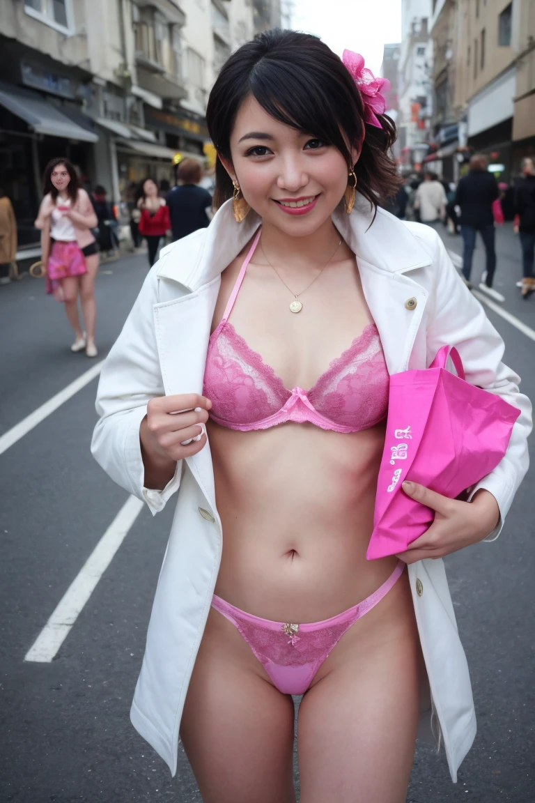 highest quality　Ultra-realistic　masterpiece　Cute Japanese girls like idols　A shy smile　In underwear　Teens Underwear　In town　City　crowd