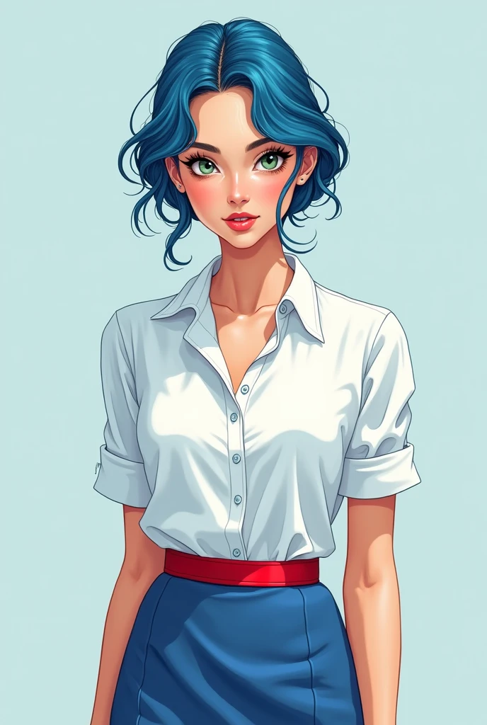 young woman, perfect green eyes, cold look, perfect blue hair, neat hairstyle, beautiful body, small chest, cool tones, white buttoned shirt, short sleeves, blue skirt, red silk belt, ironed clothes, line art, 2d, masterpiece