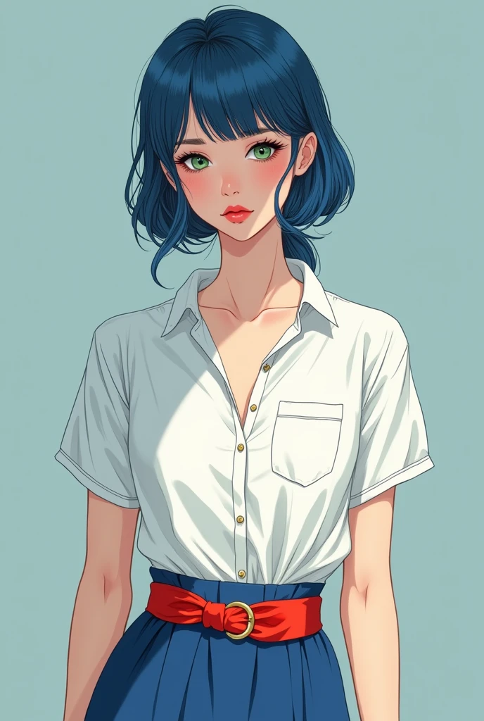 young woman, perfect green eyes, cold look, perfect blue hair, neat hairstyle, beautiful body, small chest, cool tones, white buttoned shirt, short sleeves, blue skirt, red silk belt, ironed clothes, line art, 2d, masterpiece