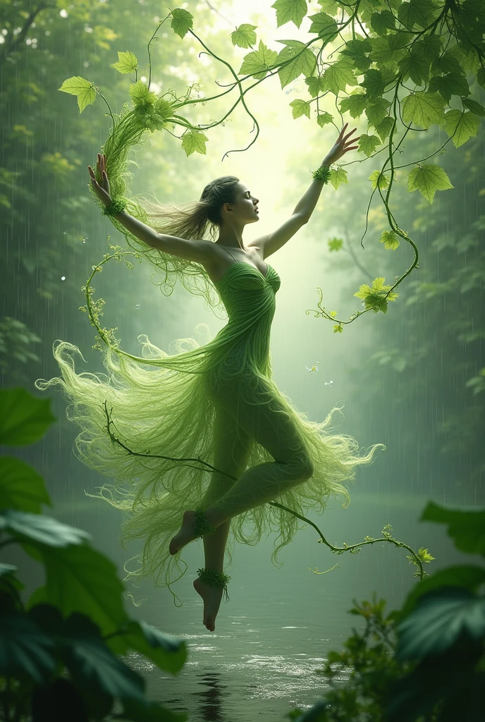 Delicate intricate leaf vein resembling delicate brushstrokes as trendrils of foliage swirl around the figure blurring the lines between dancer and environment against a backdrop of gentle glistening rainfrops