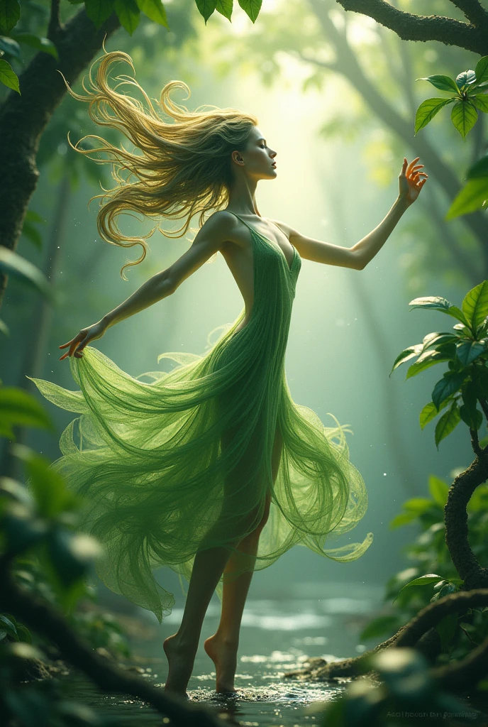 Delicate intricate leaf vein resembling delicate brushstrokes as trendrils of foliage swirl around the figure blurring the lines between dancer and environment against a backdrop of gentle glistening rainfrops