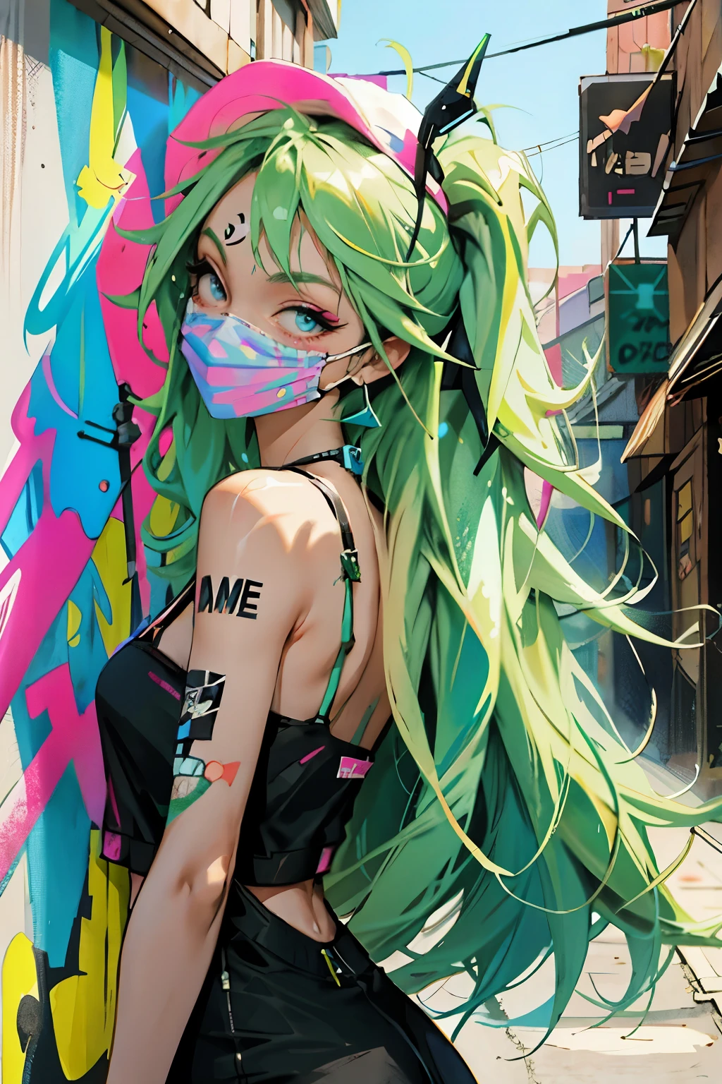 Anime slim girl with a cap and a mask, Narrow Face, Holding a spray can, green, Untidy hair, Neon pink and blue street background, STICKER, Grin on the face, Harley mood, bad girl