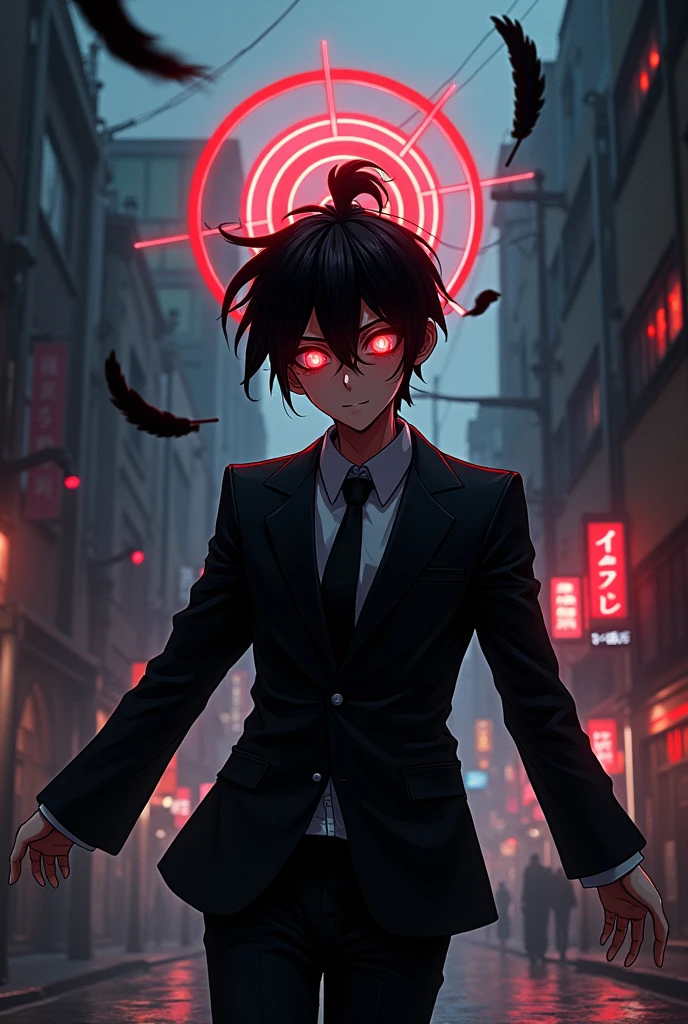 ruined, 1 guy, car, epic composition, City street, Japan, deserted street, the night, flashing in the background, color red, (Masterpiece artwork, best qualityer: 1.2), male focus, 1 , (work of art:1.3),(best qualityer:1.2),8k,absurdrez,Unity 8k WallPapper,(extremely detaild:1.3),paramount, high resolution, incredible, illustration, beautiful studio soft light, incredibly beautiful, incrivelmente absurdrezs, vivid details, cinematic lighting, moody lighting, pixiv, awardwinning, proffesional, highy detailed, inform, looking a viewer, ssmile, shorth hair, 1 , He has straight black hair, usually combed up into a topknot, leaving the back of the hair shorter and slightly messy. , male focus,spiky hair, front viewer, (background red:1.1),Eyes red,a concentric circular pattern that resembles a target in your eyes, with a small dot in the center, (magie:1.3), (Aura:1.3), blood angel halo on top of head, Black Suit, open arms,(flashy:1.3) Inspiration, sleeved, chainsawman. strokes, Satoru Gojo,Line art style similar to the anime chainsawman, black feathers floating around you.
