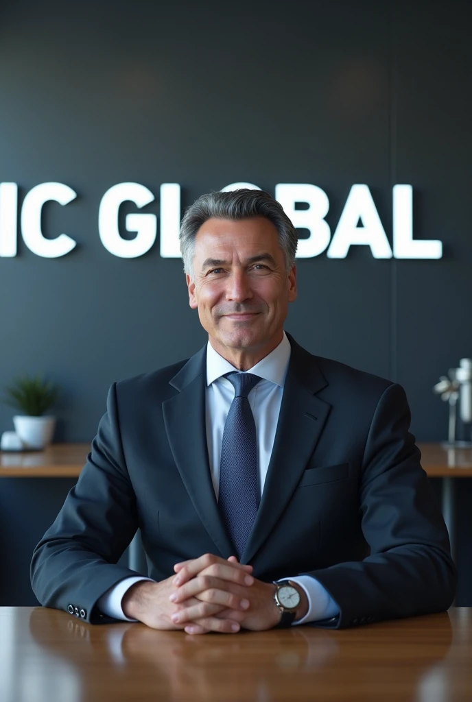 Create an ultra-realistic sales consultant a man, sitting at a desk in front of a PC in the office, with the IC Global Logo behind her