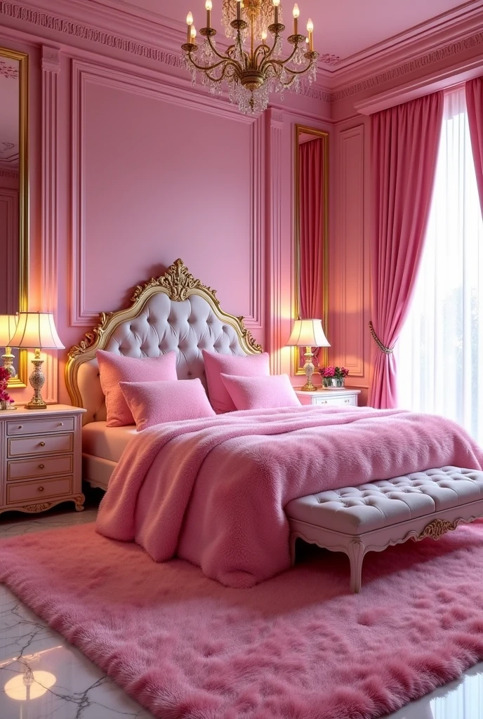 Luxury pink room have everything luxurious in pink Barbie really life style type of room like that have queen size bed with fluffy pink rose color fur and the whole room look luxurious for rich