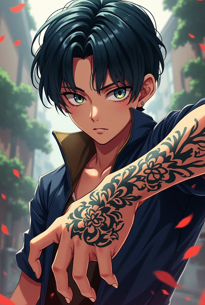 Anime boy with the hand tattoo name is sharuu