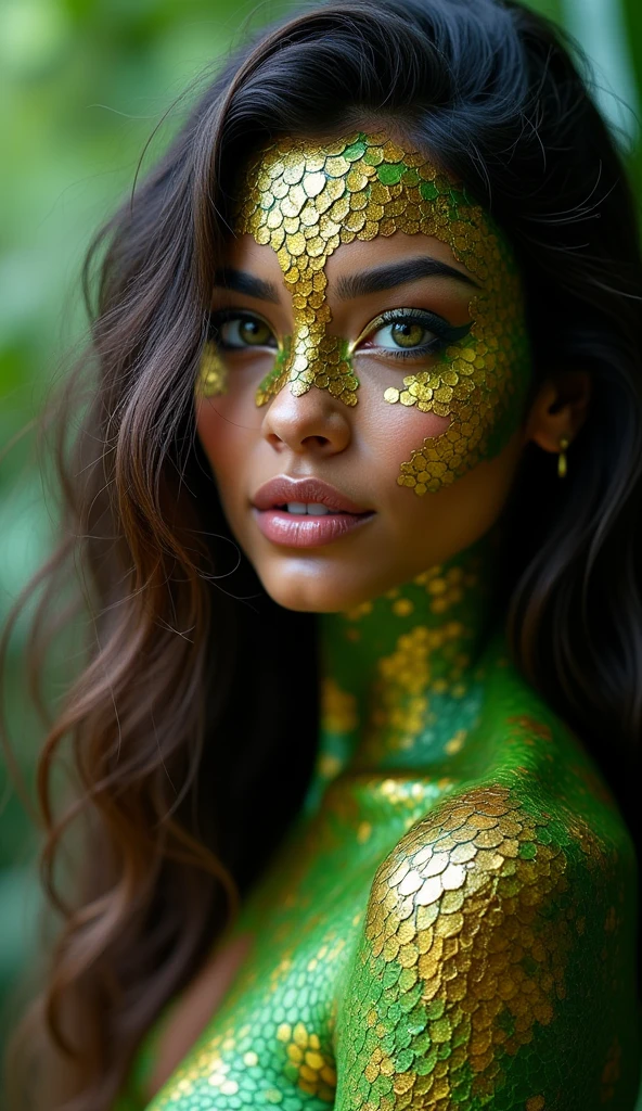A Brazilian woman with dragon characteristics, her skin adorned with vibrant green and gold scales that mimic the lush foliage of the Amazon. Her eyes are round and bright, glowing a lively shade of emerald. Her facial features are bold, with a strong jawline and prominent cheekbones, embodying both beauty and the untamed spirit of Brazil. Her hair flows in long, wavy strands, interwoven with subtle, scale-like textures, reflecting the wild beauty of her environment.