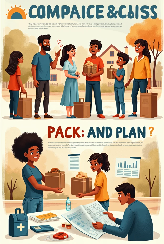 can u make a simple educational poster, something i could draw, about a community helping eachother while they're preparing / planning for a calamity.
in one scenario some people is packing things to put them in a "go bag", and one is planning for the calamity.
generate the people SIMPLY so i could draw it , doodle it.
