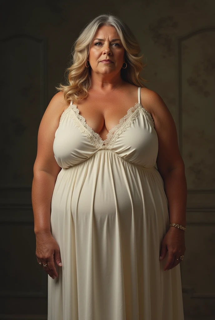 Une femme âgée de 50 à 67 ans, avec des cheveux blonds et noirs. Elle a de gros seins et un peu de relâchement, un corps aux formes tres arrondies et voluptueuses, et un visage rond. Elle portait une chemise de nuit ou quelque chose de similaire. Son expression doit refléter une présence saisissante, mais pas nécessairement autoritaire.