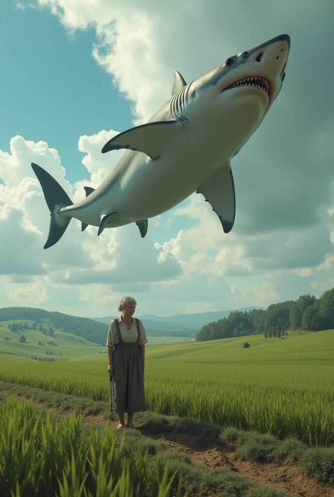 American countryside field landscape Cloudy A shark is falling from the sky Middle-aged woman working in the fields