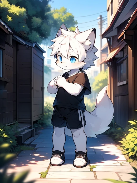 (best quality, Extremely detailed),juvenile,Very strong sexual desire,Furry wolf,((Big blue eyes,Watery)),((Shota)), ((Black and white hair)), Good figure, Handsome,cute, Light:极致Light影, 反Light皮肤,Reddish skin,The ultimate face,Sideways,Greeting the audience shyly,((Worn black clothes,Commoner),Black sports shorts with white trim,White socks),(Black sneakers,White laces) ,((Deep in the city park,Cobblestone Road,Next to the pool,Alone)),Outdoor sunset,((detail)),(Depth of Field),stand up,full-body shot