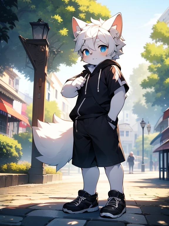 （best quality, Extremely detailed），juvenile，Very strong  desire，Furry wolf，((Big blue eyes，Watery))，((Shota)), （(Black and white hair)）, Good figure, Handsome，cute, Light：极致Light影, 反Light皮肤,Reddish skin，The ultimate face，Sideways，Greeting the audience shyly，((Worn black clothes，Commoner)，Black sports shorts with white trim，White socks)，（Black sneakers，White laces） ，((Deep in the city park，Cobblestone Road，Next to the pool，Alone))，Outdoor sunset，((detail))，（Depth of Field），stand up，full-body shot
