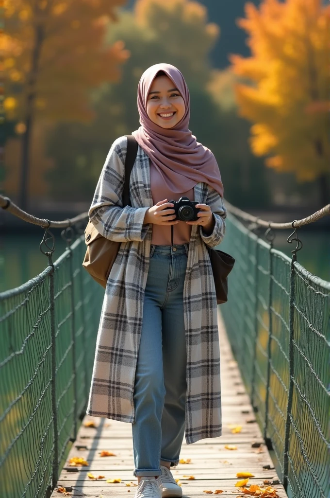 a beautiful girl wearing a hijab shawl wearing a checkered tunic shirt, wearing long tight jeans wearing sports shoes, wearing a bag on her back, is on a suspension bridge, around her there is green lake water and there are trees that are falling because of autumn while smiling holding the camera