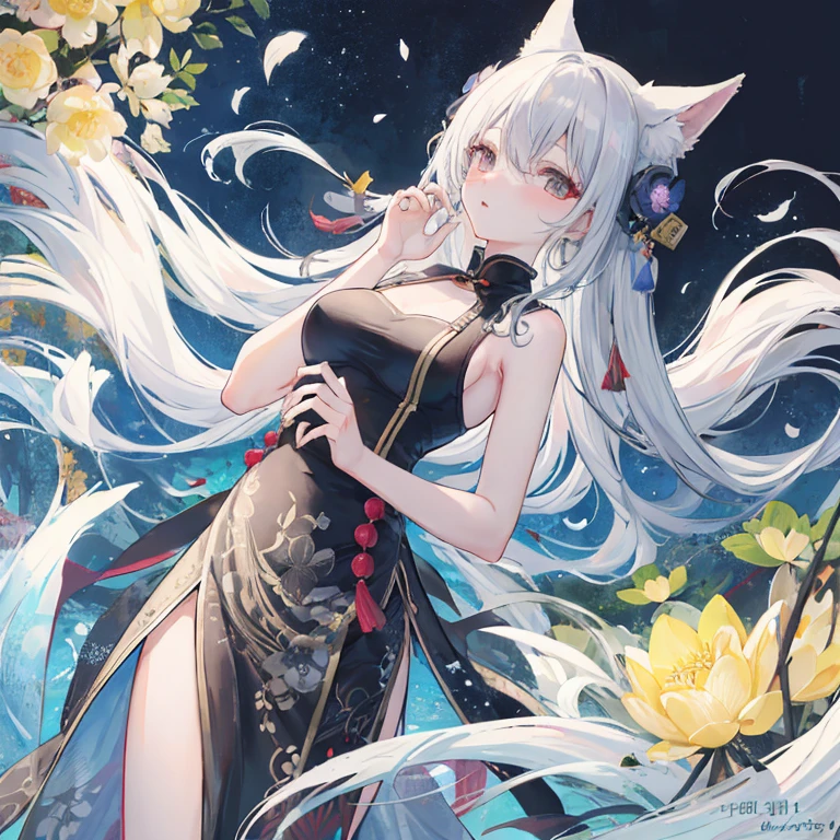 ((4K, masterpiece, best quality)), ink painting, traditional Chinese ink painting, lotus, han dress, maxi kit, modest outfit single girl, 独奏, gray hair, long hair, fox ears, Caucasian, 比基尼, Fish, lots of fish nearby, Look at the beholder, Tease穿著黑色洋裝躺on the beach的毯子上的動漫女孩, seductive anime girl, I&#39;ll draw a fan too, Beautiful charming anime woman, Azure Lane style, Cute anime waifu wearing beautiful clothes, Anime cute art style, Clean and detailed anime art, on the beach, Wear a swimsuit, Monokini, anime goddess, Outstanding Makina, Animated character lying on the floor at the beach，There is a cat in the background, anime girl squatting, Meow, Anime catsgirl, white cat girl, cute Anime catsgirl, From Girls Frontline, White fox, Highest rated on pixiv, Nekomimi, Popularity on pixiv, Anime cats, 她旁邊有一隻貓anime Girl with blue hair and black pants sitting on the ground, seductive anime girl, Anime cute art style, Smooth anime CG art, Attractive anime girl, Beautiful blue haired girl, Highest rated on pixiv, Girl with blue hair, anime girl with teal hair, Detailed anime character art, Digital anime illustration, Clean and detailed anime art, beautiful anime girl, Digital animation art