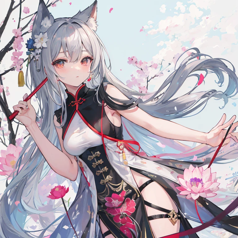 ((4K, masterpiece, best quality)), ink painting, traditional Chinese ink painting, lotus, han dress, maxi kit, modest outfit single girl, 独奏, gray hair, long hair, fox ears, Caucasian, 比基尼, Fish, lots of fish nearby, Look at the beholder, Tease穿著黑色洋裝躺on the beach的毯子上的動漫女孩, seductive anime girl, I&#39;ll draw a fan too, Beautiful charming anime woman, Azure Lane style, Cute anime waifu wearing beautiful clothes, Anime cute art style, Clean and detailed anime art, on the beach, Wear a swimsuit, Monokini, anime goddess, Outstanding Makina, Animated character lying on the floor at the beach，There is a cat in the background, anime girl squatting, Meow, Anime catsgirl, white cat girl, cute Anime catsgirl, From Girls Frontline, White fox, Highest rated on pixiv, Nekomimi, Popularity on pixiv, Anime cats, 她旁邊有一隻貓anime Girl with blue hair and black pants sitting on the ground, seductive anime girl, Anime cute art style, Smooth anime CG art, Attractive anime girl, Beautiful blue haired girl, Highest rated on pixiv, Girl with blue hair, anime girl with teal hair, Detailed anime character art, Digital anime illustration, Clean and detailed anime art, beautiful anime girl, Digital animation art