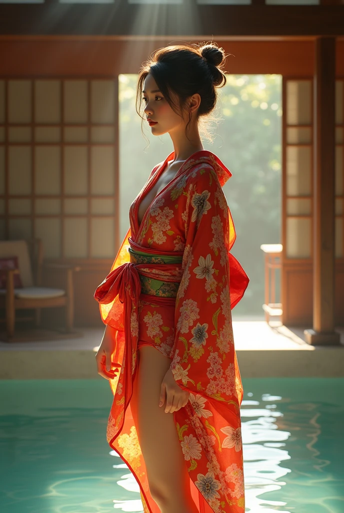 Innkeeper、young woman、kimono、Background Hot Spring Inn、The kimono is open、Tie up hair、日本のkimono、(A glimpse of her legs)、(best quality,4K,8k,highres,masterpiece:1.2),ultra-detailed,(realistic,photorealistic,photo-realistic:1.37),HDR,uhd,studio lighting,ultra-fine painting,sharp focus,physically-based rendering,extreme detail description,professional,vivid colors,bokeh,cinematic lighting,dramatic shadow,