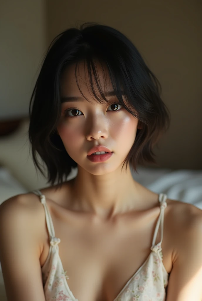 (Highest quality, 8k, 32K, masterpiece, Ultra-high resolution:1.2),Beautiful Japanese Women Photos, Big , Very short bob hair,Upper Body,underwear, looking at the camera,Lying on your back、bed (((nude1,3))) squatting 