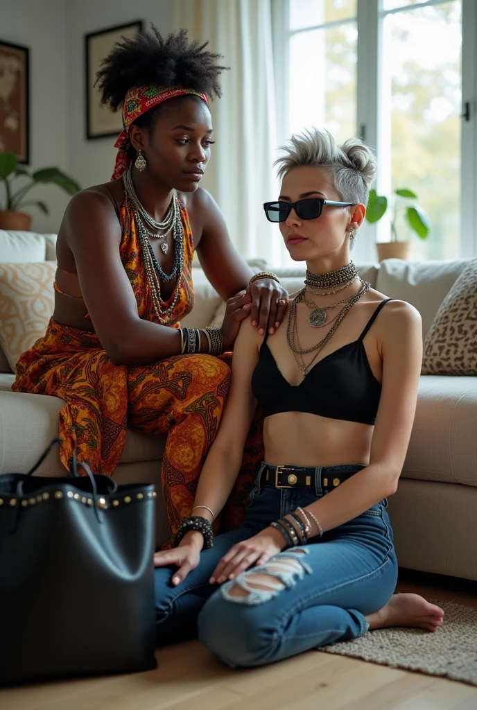 African milf woman sitting on a sofa with separated legs, afro hairdo, serious face, wearing traditional colourful african clothes, barefoot, hands tightly on shoulders of a caucasian milf woman at her feet (light grey hair, light green eyes, pale face, pale neck, pale chest, pale arms, pale hands, pale stomach, pale legs and feet) in chic rock fashion: pompadour hairstyle with top bun and shaved sides, colourful bandana as headboard, a lot of metallic necklaces and pendants, a lot of wide metallic bracelets, black lace push up bra, low rise skinny dark blue jeans with worn knees, wide stidded leather belt, kneeling with hands on knees, passive facial expression with open mouth, big square sunglasses, thin neck, thin arms, thin legs, well toned abdominals. In an apartment decorated in Scandinavian style. A black leather studded tote bag on the floor. Natural light
