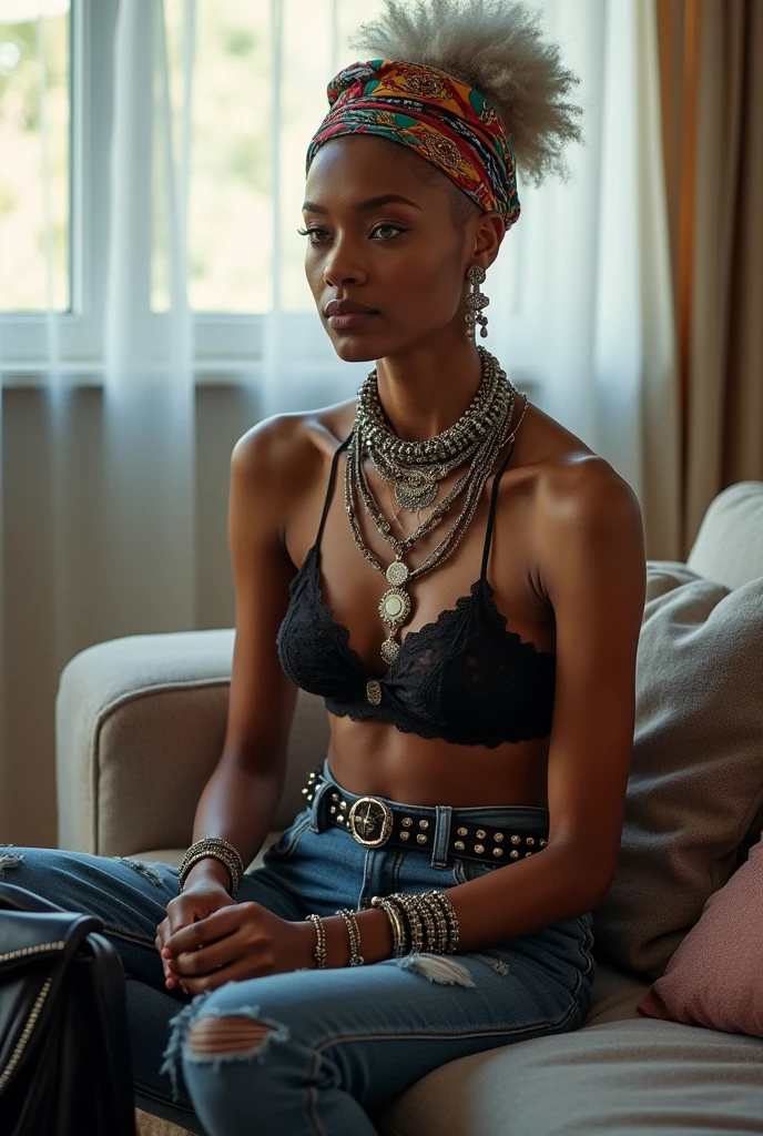 African milf  woman sitting on a sofa with separated legs, afro hairdo, serious face, wearing traditional colourful african clothes, barefoot, hands tightly on shoulders of a caucasian milf woman at her feet (light grey hair, light green eyes, pale face, pale neck, pale chest, pale arms, pale hands, pale stomach, pale legs and feet) in chic rock fashion: pompadour hairstyle with top bun and shaved sides, colourful bandana as headboard, a lot of metallic necklaces and pendants, a lot of wide metallic bracelets, black lace push up bra, low rise skinny dark blue jeans with worn knees, wide stidded leather belt, kneeling with hands on knees, passive facial expression with open mouth, big square sunglasses, thin neck, thin arms, thin legs, well toned abdominals. In an apartment decorated in Scandinavian style. A black leather studded tote bag on the floor. Natural light