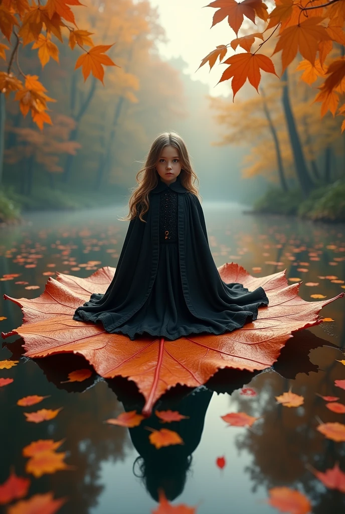 Lots of autumn leaves around the lake、Girl in Dracula costume sitting on a large autumn leaf floating on a lake