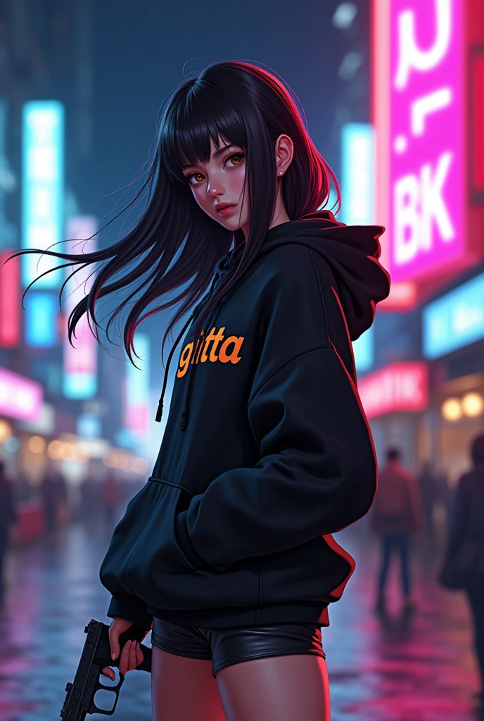 Create a character anime, {background: capital text: “GLBK” in right-top, night city}, tanned skin,
realistic, HDR, beautiful, japan style, full body, use piastol, age 20, hoodie HD text: “GITTA”, female, long hair