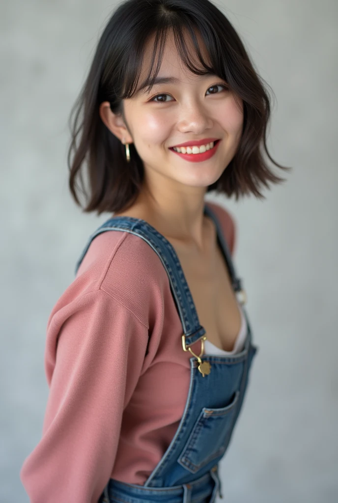 ((Highest quality, 8k, Portraiture: 1.3)), (Viewer Display), Photographic realism, Sharp focus, alone, A very beautiful Japanese office lady、Denim mini skirt、 (Dark pink V-neck sweater、Deep neckline),(White bra)、evil grin、smiling at viewer、(short hair)、Gray background、Leaning forward、(Front Light)、Bend your body,front,top-down view、down blouse, ((Cleavage)), downblouse,Studio shot,Gray background