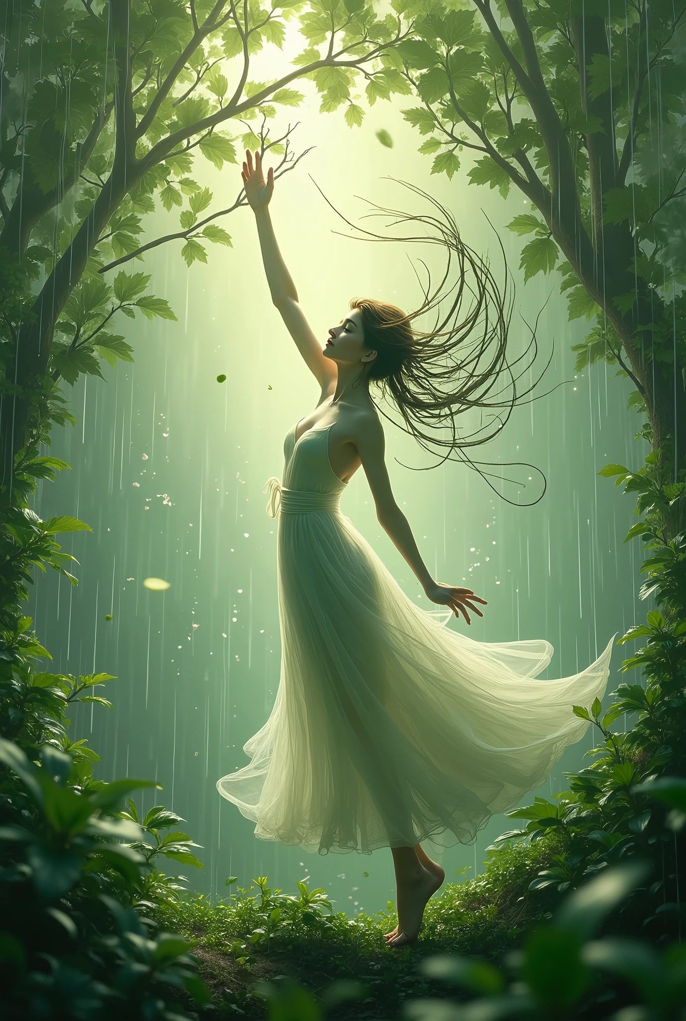 Delicate intricate leaf vein resembling delicate brushstrokes as trendrils of foliage swirl around the figure blurring the lines between dancer and environment against a backdrop of gentle glistening rainfrops