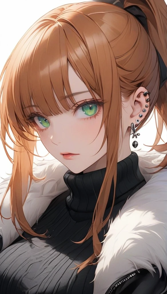 high resolution, Masterpiece, Anatomically correct, precise, qualityที่ดีที่สุด, quality, 1 woman, Age 25 years,long hair, ginger hair hair, emerald eyes,big breasts, ponytail hairstyles, full bangs
Piercings, Dark makeup, A cold expression simple background, Close-up , Anime style,Wearing black sweater,fur coat, Sharp eyes ,mature woman