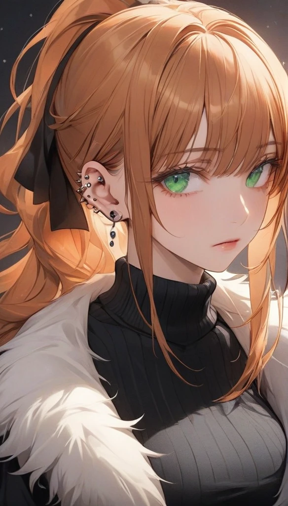 high resolution, Masterpiece, Anatomically correct, precise, qualityที่ดีที่สุด, quality, 1 woman, Age 25 years,long hair, ginger hair hair, emerald eyes,big breasts, ponytail hairstyles, full bangs 
Piercings, Dark makeup, A cold expression simple background, Close-up , Anime style,Wearing black sweater,fur coat, Sharp eyes ,mature woman 