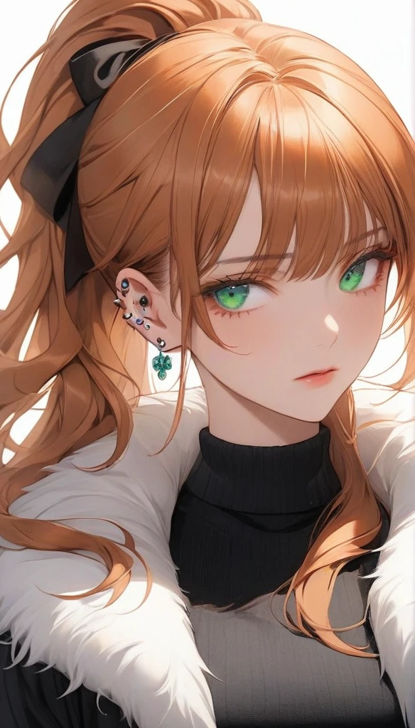 high resolution, Masterpiece, Anatomically correct, precise, qualityที่ดีที่สุด, quality, 1 woman, Age 25 years,long hair, ginger hair hair, emerald eyes,big breasts, ponytail hairstyles, full bangs
Piercings, Dark makeup, A cold expression simple background, Close-up , Anime style,Wearing black sweater,fur coat, Sharp eyes ,mature woman