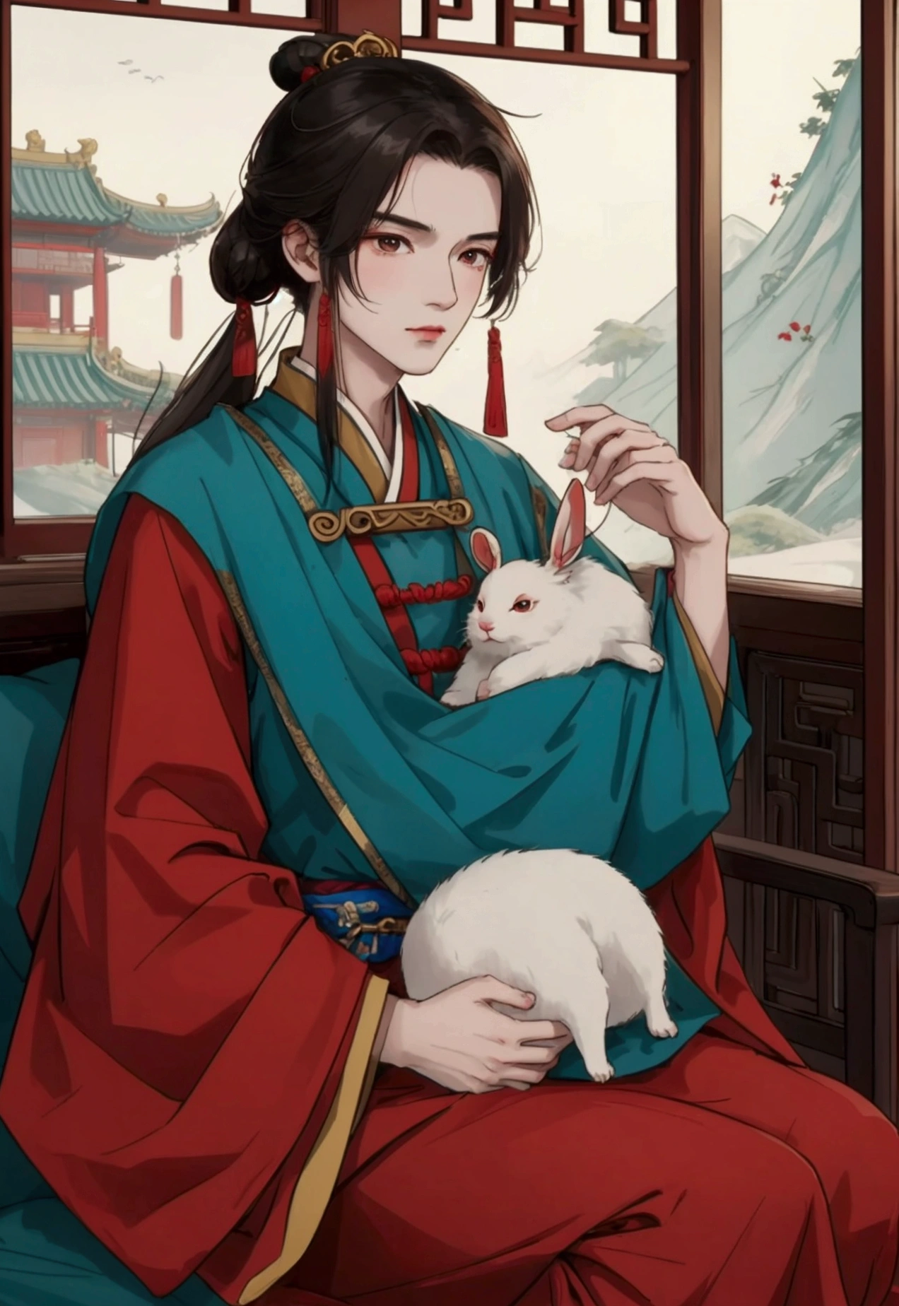 Ancient Chinese Mythology,Guanghan Palace,Chang'e sitting in front of the window,Holding the Jade Rabbit in my arms,Best quality,masterpiece