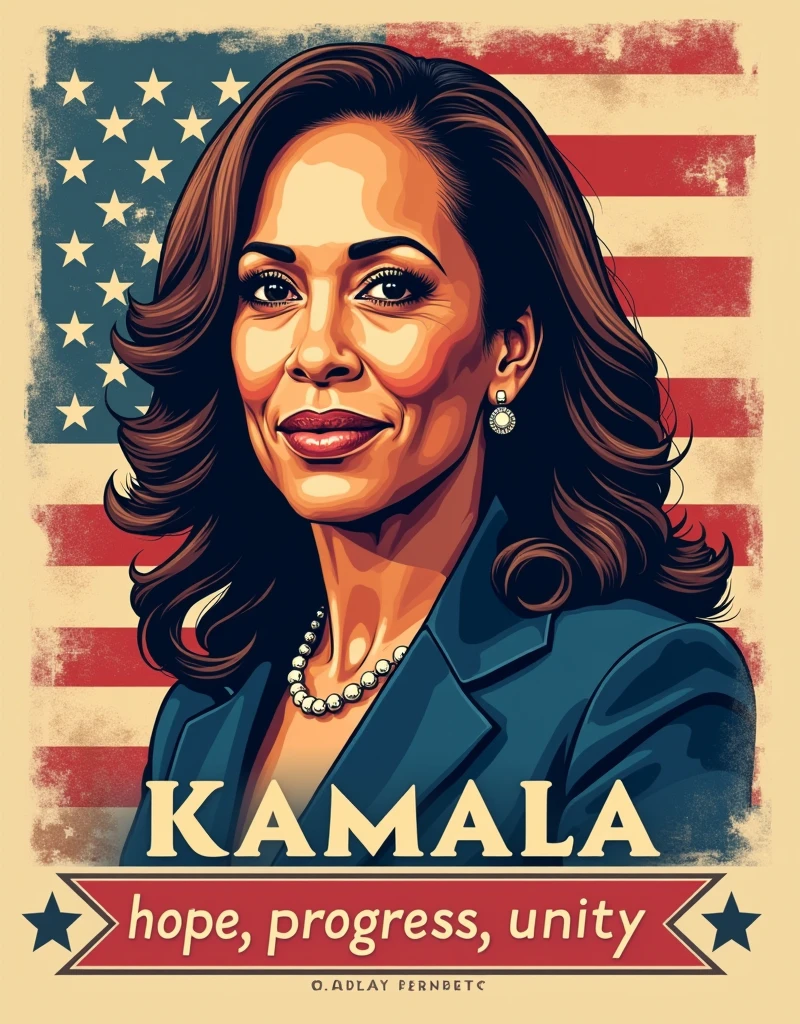 Design a vintage Americana-inspired portrait of Kamala Harris with a muted red, white, and blue color palette. Pair the portrait with the quote, "Hope, Progress, Unity," in classic serif typography. This nostalgic yet modern design will appeal to patriotic and political audiences for T-shirts.