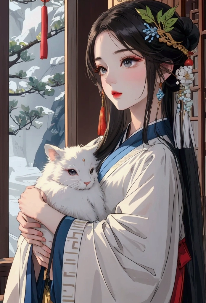 Guanghan Palace，Beside the laurel tree，Accompanied by Jade Rabbit。Chang&#39;e&#39;s light figure，Slightly sideways，Holding a white rabbit in his arms，Looking into the distance tenderly。 Center composition white、light blue、Silver and cool、grace、Mysterious traditional New Year painting style、Aesthetic style oval face，Willow Leaf Eyebrows，big eyes，Fair skin，The expression is indifferent。Long black hair coiled，Wearing a white ancient dress，The skirt has a silver thread embroidery pattern。 New Year pictures high definition，Ultra-high detail、Very high quality, Portrait Fine, Vivid colors, Fantastic effect。The picture style is Chinese style