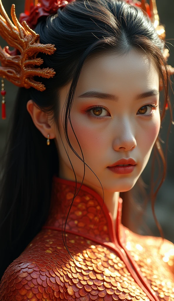 A Chinese woman with dragon traits, covered in sleek, iridescent scales that transition from red to gold, echoing the colors of traditional Chinese dragons. Her eyes are almond-shaped and a glowing yellow, exuding wisdom and power. Her facial features are sharp and elegant, with high cheekbones and a slender neck. Her long, dark hair is threaded with fine, horn-like structures, giving her a mystical and regal appearance.