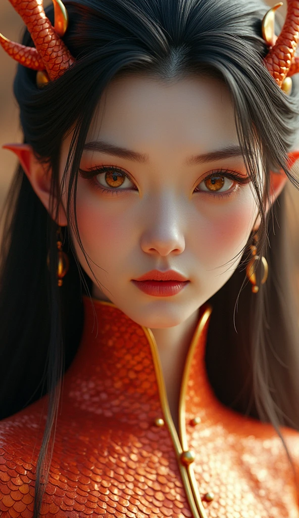 A Chinese woman with dragon traits, covered in sleek, iridescent scales that transition from red to gold, echoing the colors of traditional Chinese dragons. Her eyes are almond-shaped and a glowing yellow, exuding wisdom and power. Her facial features are sharp and elegant, with high cheekbones and a slender neck. Her long, dark hair is threaded with fine, horn-like structures, giving her a mystical and regal appearance.