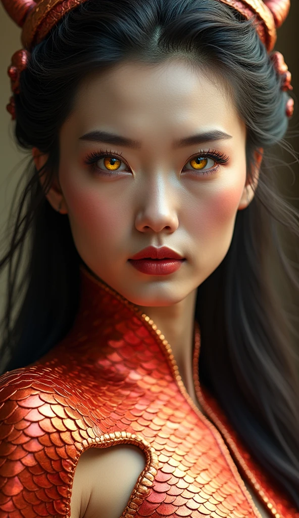 A Chinese woman with dragon traits, covered in sleek, iridescent scales that transition from red to gold, echoing the colors of traditional Chinese dragons. Her eyes are almond-shaped and a glowing yellow, exuding wisdom and power. Her facial features are sharp and elegant, with high cheekbones and a slender neck. Her long, dark hair is threaded with fine, horn-like structures, giving her a mystical and regal appearance.