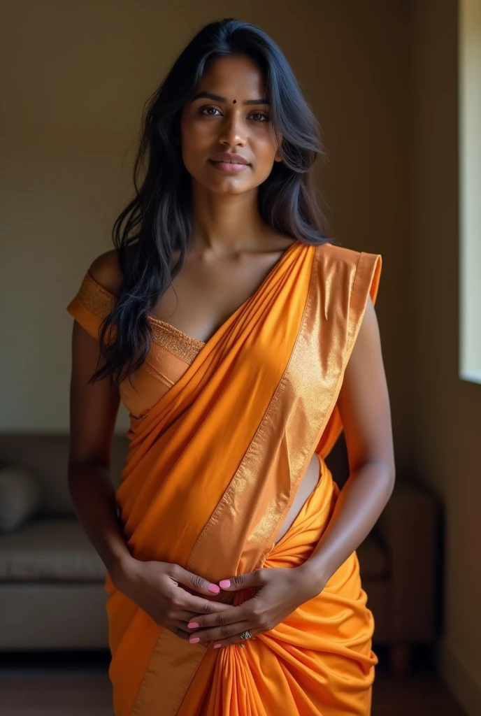 a hot indian wife wearing sharee showing her big breasts and belly , have simple hair style shy face