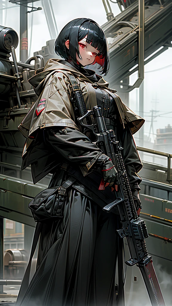 Highest quality、Every detail、Structurally correct、Anti-material riflesを両手で持つ、Girl in a hood、Bob cut with black hair、Red eyes、Anti-material rifles、Huge rifle、Heavy equipment、Black clothes、iron、Metallic、