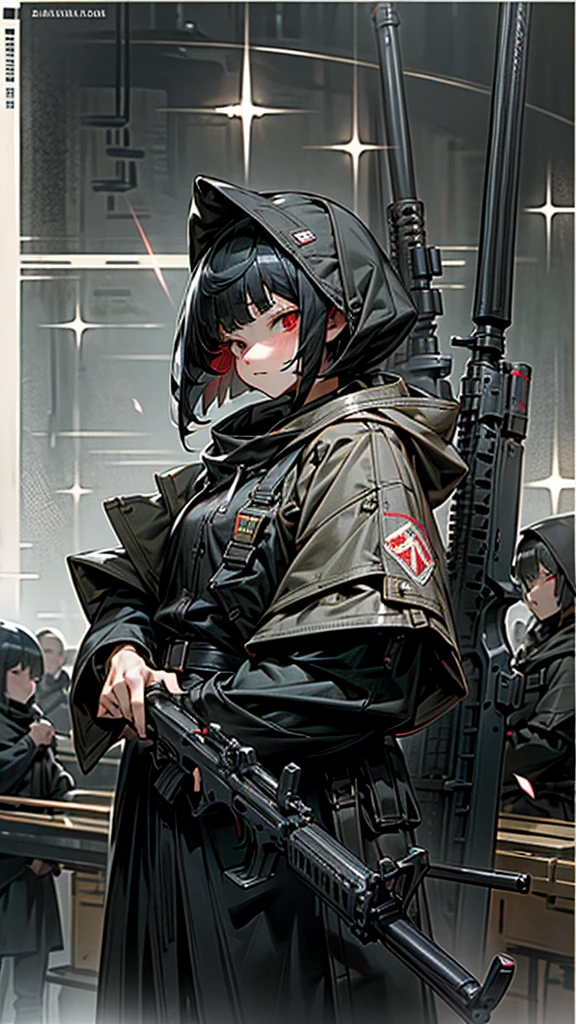 Highest quality、Every detail、Structurally correct、Anti-material riflesを両手で持つ、Girl in a hood、Bob cut with black hair、Red eyes、Anti-material rifles、Huge rifle、Heavy equipment、Black clothes、iron、Metallic、