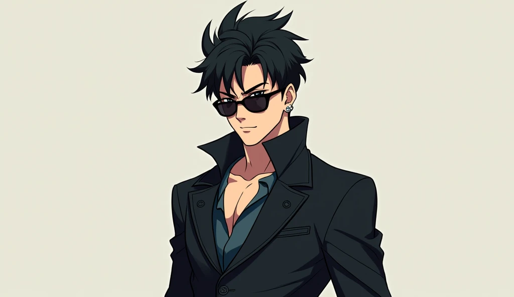 Generate a images of anime male charector with stylish hair of black colour and wearing jacket and sunglasses facing straight and complete body standing straight