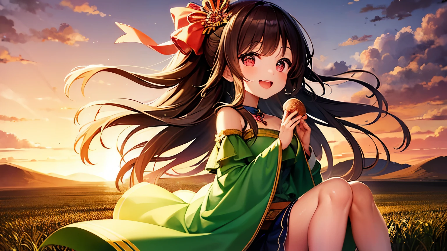 Extremely high quality: A beautiful girl rejoicing over a bountiful harvest of rice, with a sunset in the background