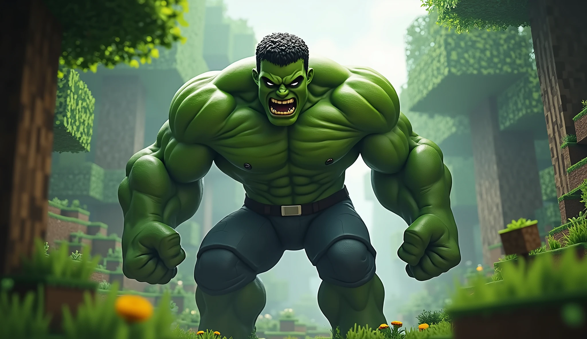 score_9, score_6_up, source_anime, [source_anthro], rating_safe, [rating_explicit],

full body portrait, body focus, front view, best quality, (wide shot), highly detailed face, perfect lighting,   

1man, solo, adult, HULK, muscular, green skin, green body, angry face, (stand near tree), slit pupils, 

(minecraft animals, minecraft mobs, minecraft NPC), minecraft detailed world background,
detailed background, detailed foreground, depth of field, ambient silhouette, backlighting